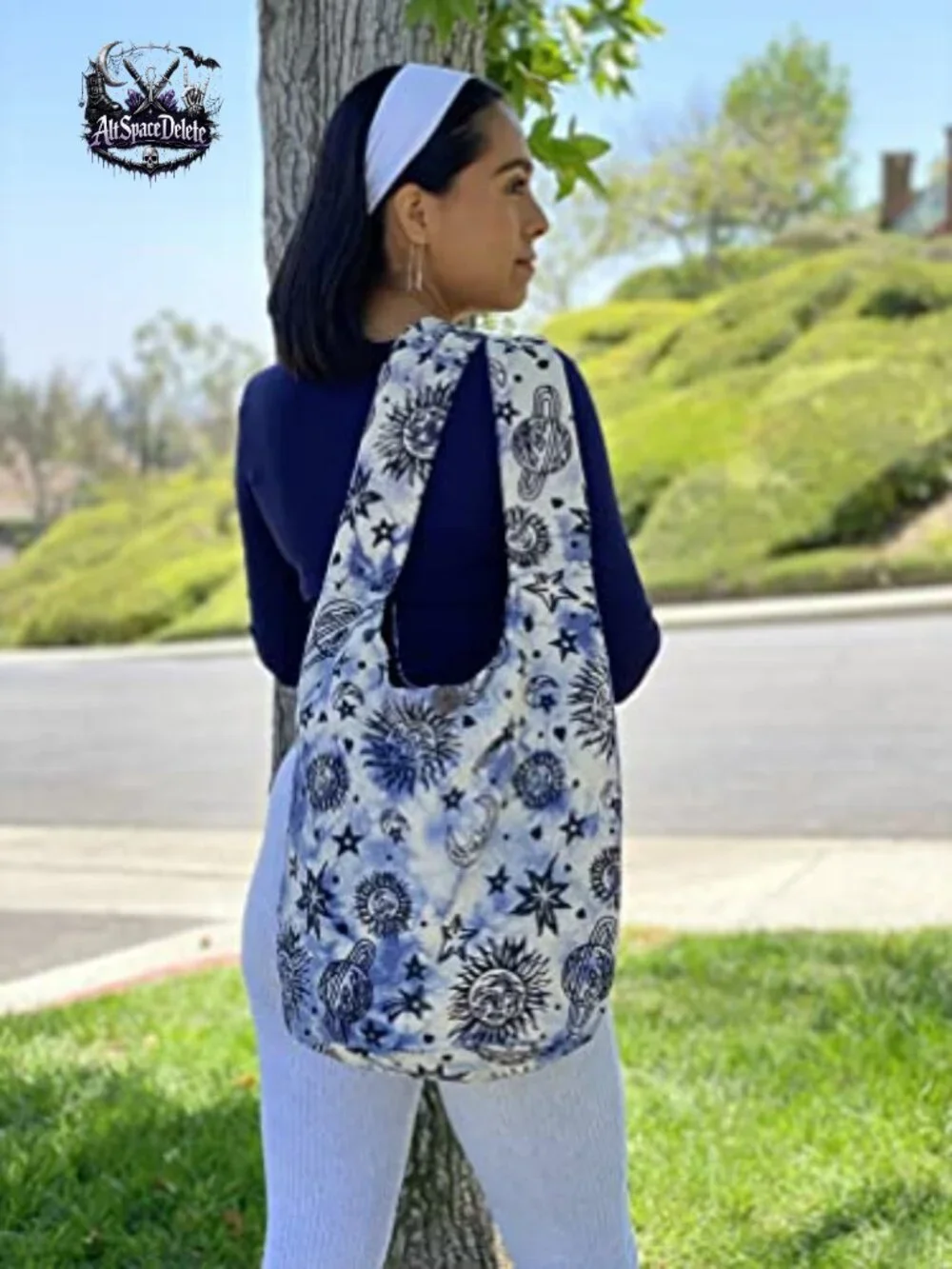 Large Cotton Crossbody Hobo Bag with Celestial Pattern, Zipper Closure_5